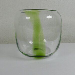Hand Blown Art Glass Vase Clear Green Swirl Heavy Tabletop Centerpiece Modern